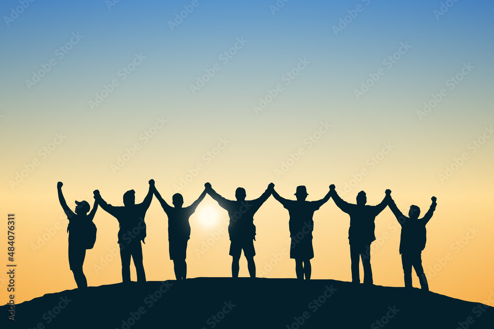 Silhouette group of people on top the mountain. Illustration sunset background. Business, teamwork, goal and success concept. Silhouette group of people on top the mountain. Illustration sunset background. Business, teamwork, goal and success concept.