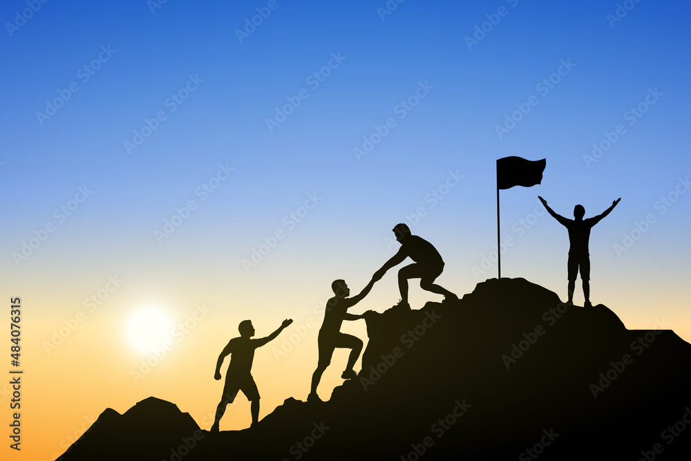 Silhouette of people helping each other hike up a mountain at sunrise. Business, teamwork, goal, success and help concept. - obrazy, fototapety, plakaty 