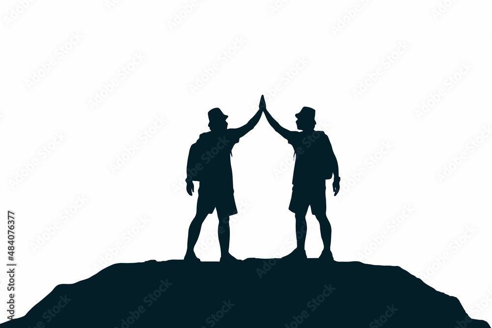 Silhouette group of people congratulating success on top of mountain. white background. Teamwork, target and goal concept.	