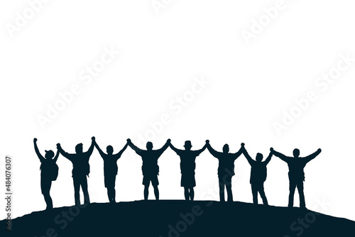 Silhouette of people on top the mountain. Illustration white background. Business  teamwork  goal and success concept.