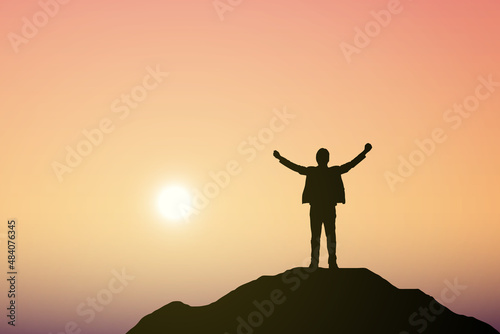 Silhouette of people on top mountain  Sky and sun light background. Business success and goal concept. 