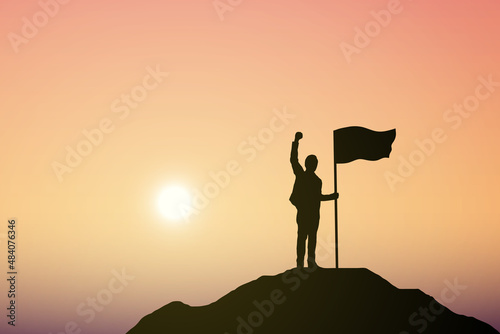 Silhouette of people and flag on top mountain, Sky and sun light background. Business success and goal concept. 