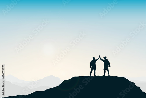 Silhouette group of people congratulating success on top of mountain. Sky background. Teamwork, target and goal concept. 