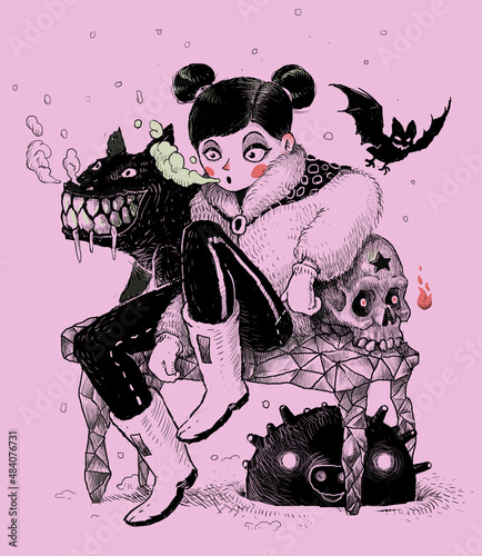 Cute girl with her spooky friend. hand draw illustration. character design. Good for cards and poster.