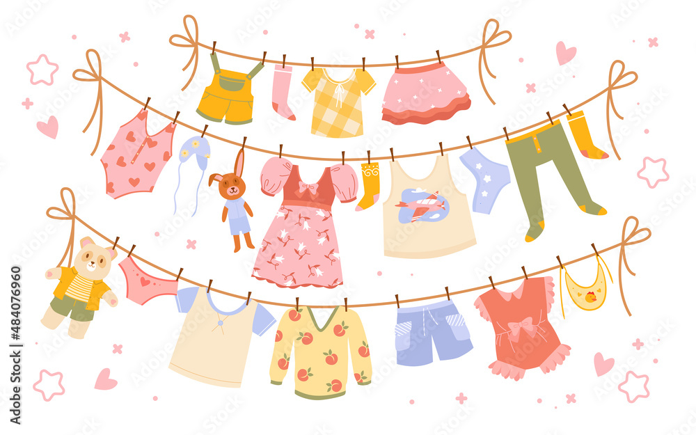 Baby clothes hang on clothesline vector illustration set. Cartoon cotton kids pants, socks, dress or shorts, cute infant bodysuit hanging on rope to dry after washing in laundry isolated on white Baby clothes hang on clothesline vector illustration set. Cartoon cotton kids pants, socks, dress or shorts, cute infant bodysuit hanging on rope to dry after washing in laundry isolated on white