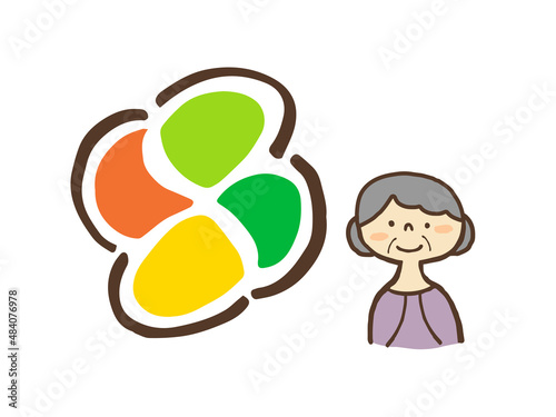 かわいい高齢者マーク（もみじマーク）とおばあさん／手描きイラスト素材