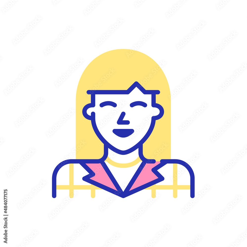 Fun line art avatar icon. Cute smiling girl with headband and bob haircut. Pixel perfect, editable color stroke