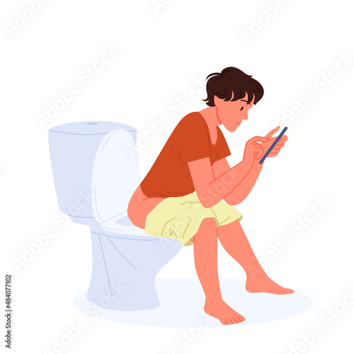 Young man sitting on toilet bowl with smartphone vector illustration. Cartoon funny guy texting, using mobile phone in restroom, bathroom or WC isolated on white. Social media addiction concept