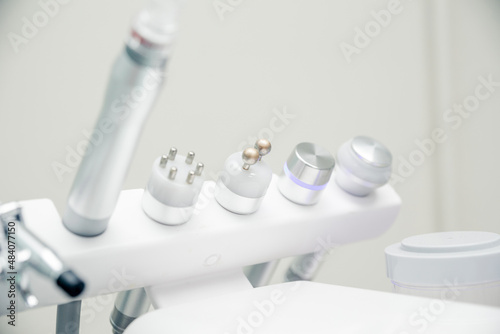 Attachments to device HydraFacial facial skin care machine in spa clinic for anti-aging or acne treatment. The concept of aesthetic medicine, beauty tools, latest technologies in beauty industry
