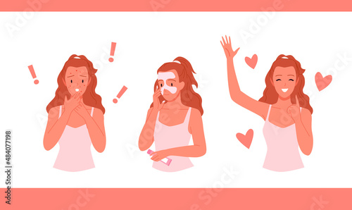 Girl with acne on face, cosmetic troubles vector illustration. Cartoon upset young woman using beauty treatment, teen with happy expression and healthy skin isolated on white. Skincare concept