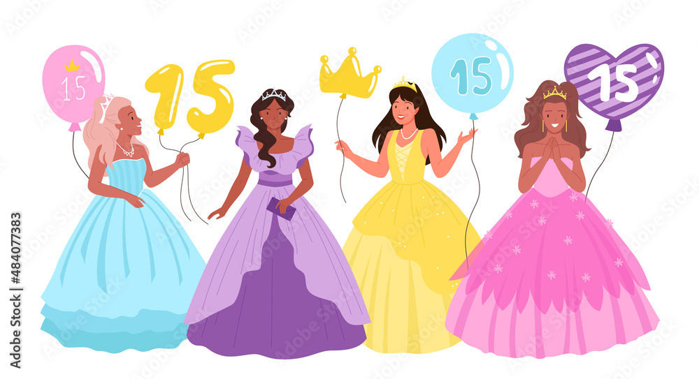 Quinceanera, birthday party with pretty girls vector illustration