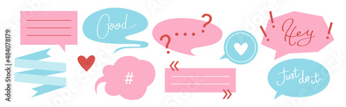Handwritten Just do it quote, hey and good calligraphy lettering, hearts, tag and question and exclamation mark design. Inspirational slogan in pink and blue speech bubble set vector illustration