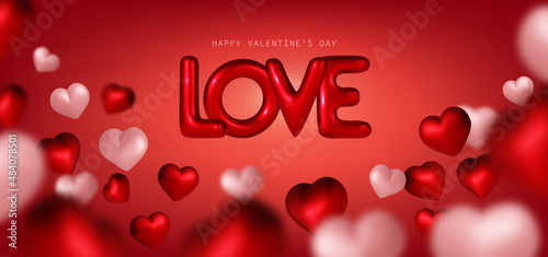 valentines day background. Realistic 3d design, flying red hearts, Vector illustration