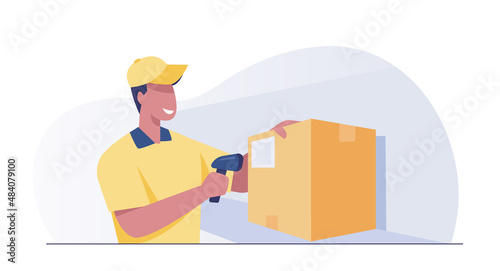 A warehouse worker scans Box B in a large warehouse.