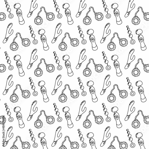  Vector seamless pattern with sex toys. Pattern for sex shop. Doodle style. Pattern with handcuffs and vibrators.