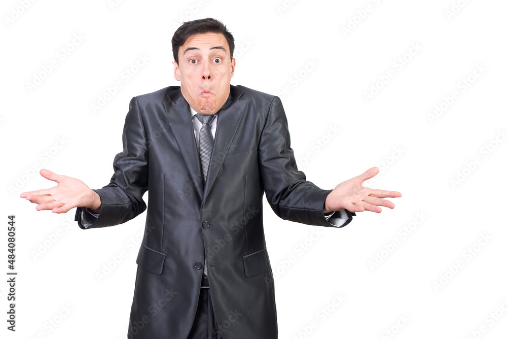 Doubting man in formal suit shrugging shoulders Doubting man in formal suit shrugging shoulders