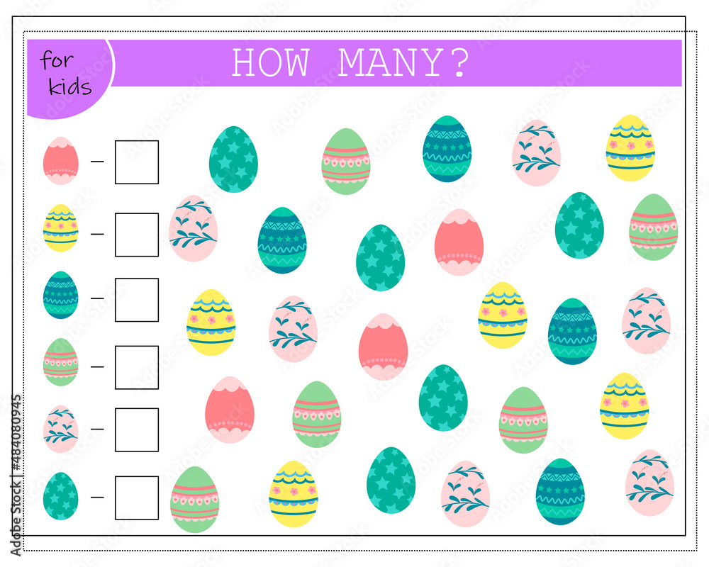 Children's math game count how many Easter eggs. Vector isolated on a white background Children's math game count how many Easter eggs. Vector isolated on a white background