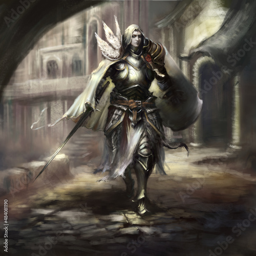 Billede på lærred A holy paladin warrior in light heavy armor with a shield and a sword walks along the city street