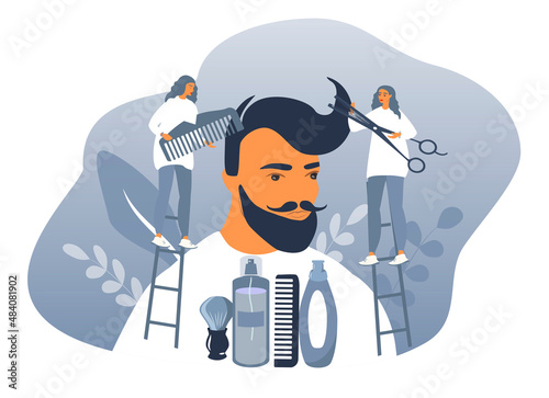 vector flat style illustration on the theme of barbershop, care for a man's appearance. barbers take care of the hair and beard of a man.