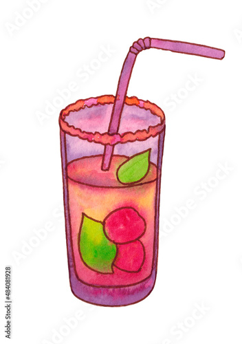 Cocktail in a glass. Mixed soft drink with straw, berries and mint leaves. Watercolor illustration.