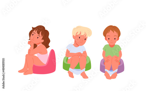 Baby girl and boy sitting on chamber pots set vector illustration. Cartoon little kids in chamberpot of bathroom or lavatory, child doing potty training isolated on white. Toddler hygiene concept