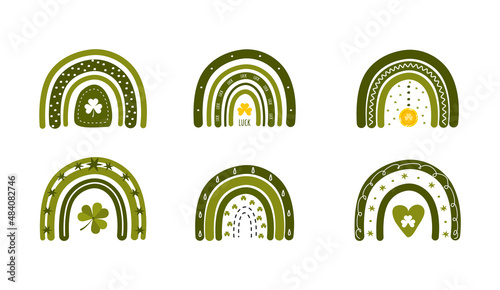 St. Patrick day rainbow in boho style. Bohemian clipart for irish holidays. Scandinavian design for postcard, sticker, clothes, wrapping paper, fabric. Cute vector illustration with shamrock.