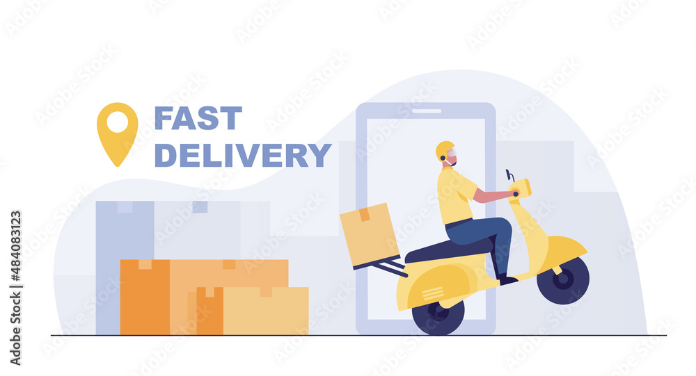 Fast delivery by scooter on mobile smartphone. E-commerce concept.