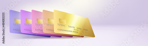 Finance banner template with plastic credit cards and empty copy space. Vector background with realistic 3d blank golden, pink and purple bank debit or discount cards