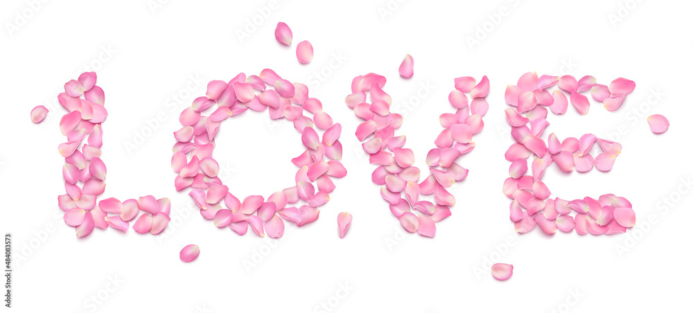 LOVE typography from realistic rose petals isolated on white background. Pink voluminous sakura petals. Romantic inscription for greeting card Valentine's Day, March 8, wedding invitation.