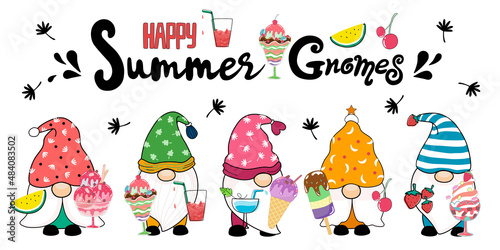 Happy summer with cute gnomes and ice cream. Designed in doodle style, it can be used in a variety of applications such as cards, stickers, t-shirts, pillow patterns, Summer decorations and more