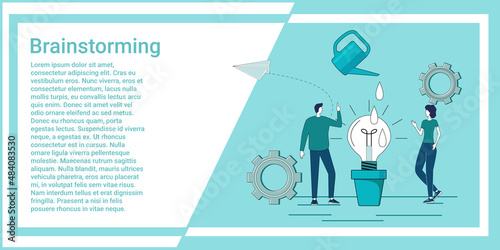 Brainstorming.People confer and come up with new business ideas.startup and new projects.An illustration in the style of a green landing page.