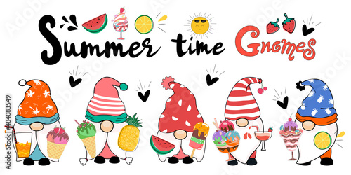 Summer time with cute gnomes Various colors designed in doodle style. Can be adapted to a variety of applications such as cards, stickers, t-shirt designs, pillow patterns, summer decorations and more