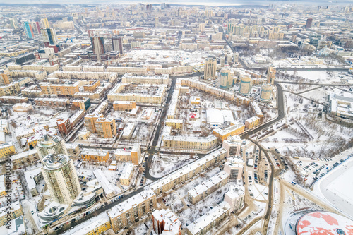 Yekaterinburg aerial panoramic view at Winter in cloudy day. Chelyuskintsev street and Krasnyy Pereulok street.