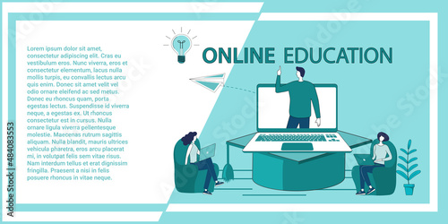 Online education.People on the background of a large laptop get an education using an Internet connection.An illustration in the style of a green landing page.