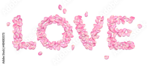 LOVE typography from realistic rose petals isolated on white background. Pink voluminous sakura petals. Romantic inscription for greeting card Valentine's Day, March 8, wedding invitation.