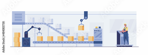 Automated sorting and product control, warehouse, conveyors, industrial robots. vector illustration