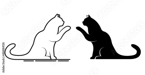 linear icon. Clever cat raised its paw and gives paw to owner. Silhouette of domestic cat, pets. Simple black and white vector isolated on white background