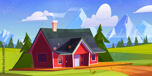 Village house in mountain valley with green meadows and trees. Vector cartoon illustration of summer landscape of countryside with cottage, fields and rocks on horizon