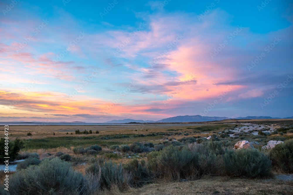 Dramatic vibrant sunset scenery in Antelope Island State Park, Utah