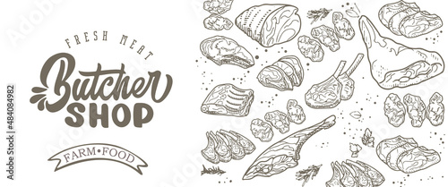 A set of raw meat. Beef, pork, lamb. Vector illustration in the style of a sketch. A booklet, banner, or flyer of a butcher shop or store.