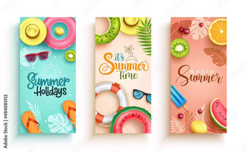 Summer vector poster set design. Summer greeting text collection with floaters, hat and fruits element for colorful tropical season holiday decoration. Vector illustration.
