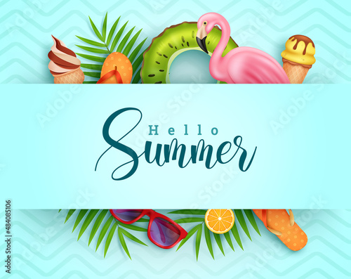 Summer vector template design. Hello summer text with tropical elements of flamingo, ice cream and palm leaves objects for holiday season greeting messages. Vector illustration.
