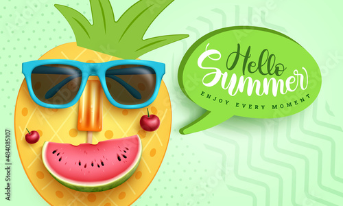 Summer pineapple character vector design. Hello summer text in speech bubble with fruit emoji face and sunglasses for tropical season art decoration. Vector illustration.
