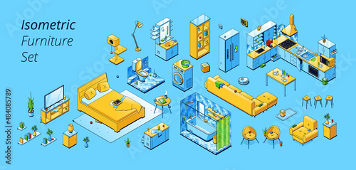 Isometric furniture for house and apartment. Vector set of kitchen, living room and bedroom interior, dining table, sofa, chairs, fridge, bath with shower, bed, television, bookshelf and toilet
