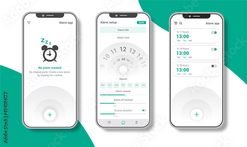 Mobile phone Alarm app interfaces. Clock user interface. Alarm widget , Illustration vector Ui design