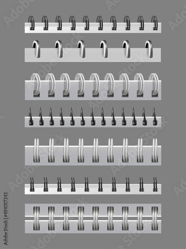 Realistic Detailed 3d Different Metal Binder Set for Notebook. Vector illustration of Iron Wired Spirals for Binding