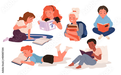 Cartoon girl boy character study, school child reading open paper story book from library, cute little students love literature isolated on white. Children read book set, education vector illustration