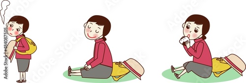 ウォーキング中に休憩する若い女性のセットイラスト。