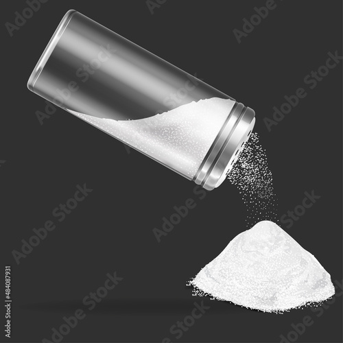 Realistic Detailed 3d Transparent Glass Salt Shaker Bottle Saltcellar. Vector illustration of Salt Crystals and Saltshaker