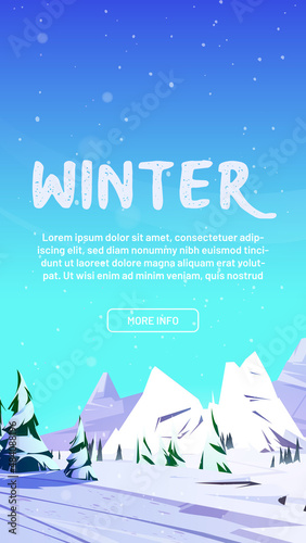Web banner with winter mountains, northern nature rocky landscape with conifers trees and rocks covered with snow. Invitation to ski resort, wild park recreation Cartoon vector mobile app onboard page